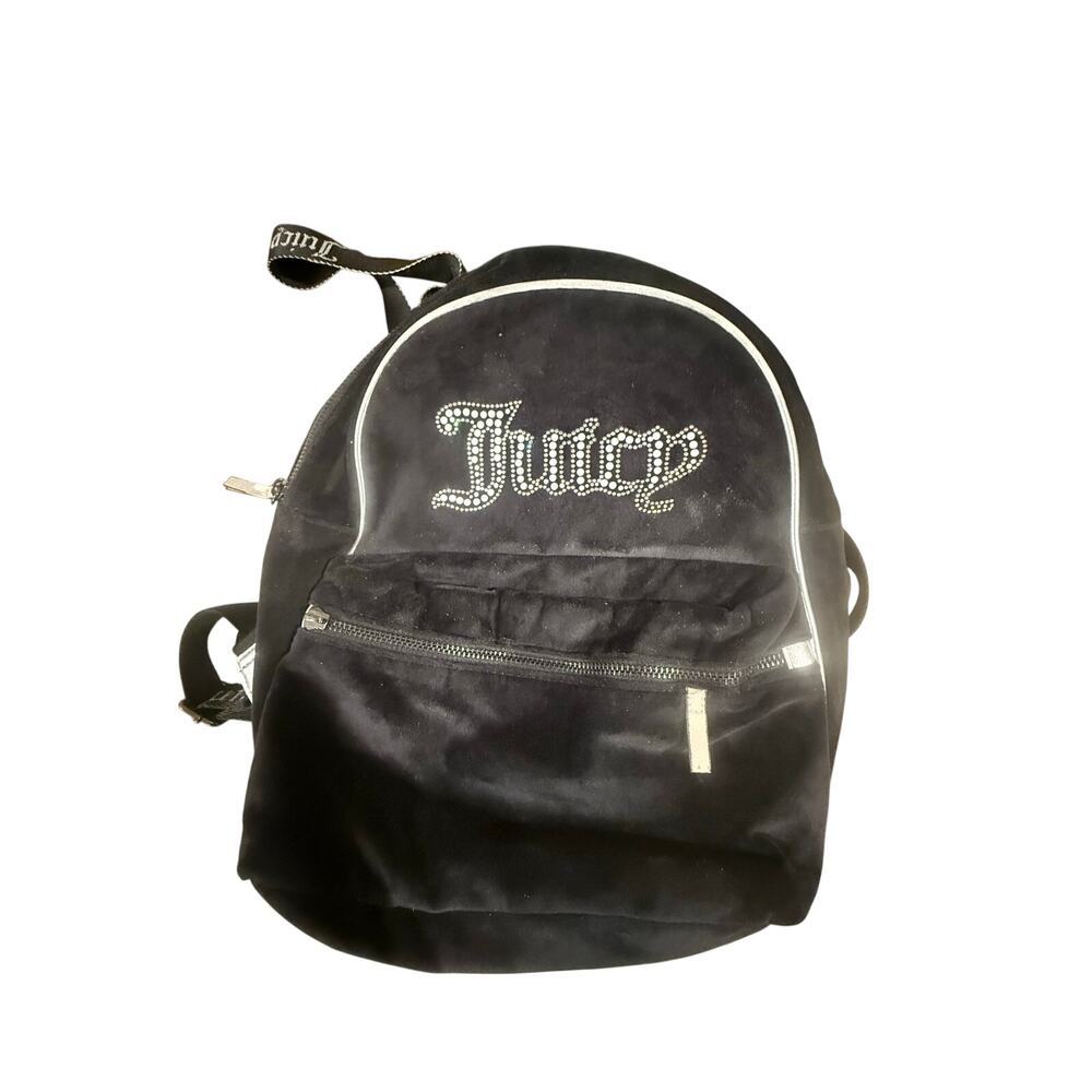 Juicy Couture Black Velour Rhinestone Backpack Silver Y2K McBling Logo Bag